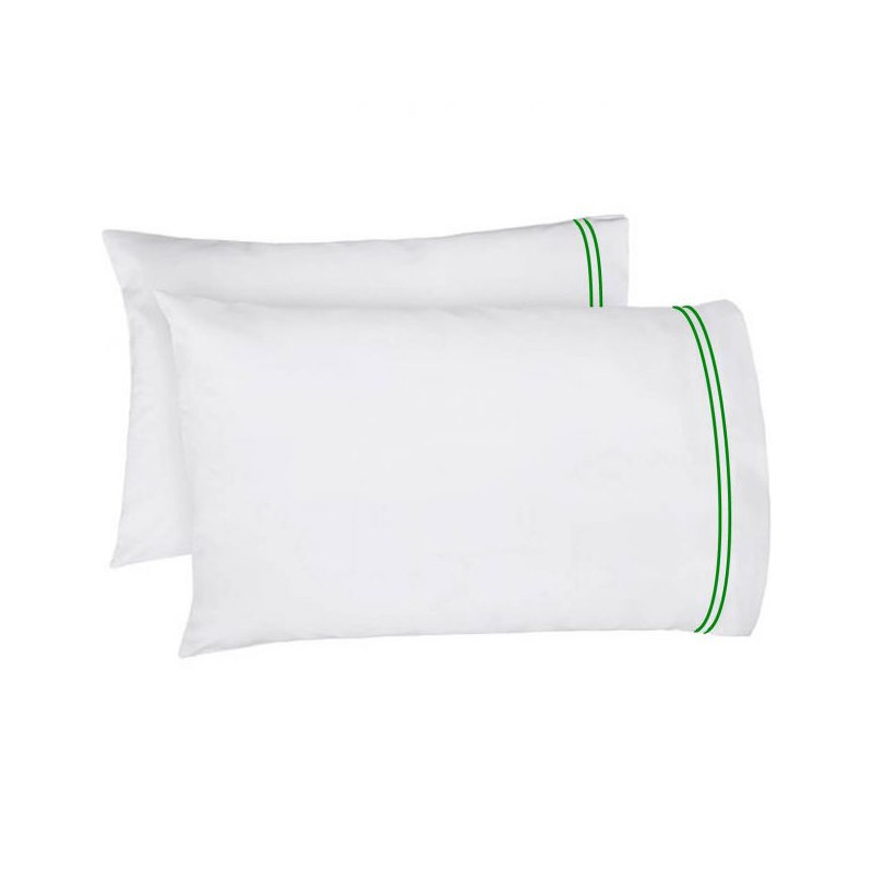 400TC Double Embroidery Cotton Sateen Pillowcases (Set Of 2), White/Green