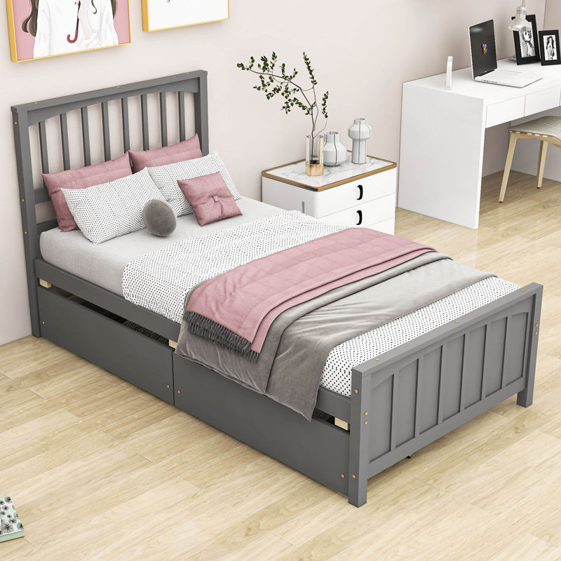 Lit plateforme simple avec tiroirs et rangement, gris