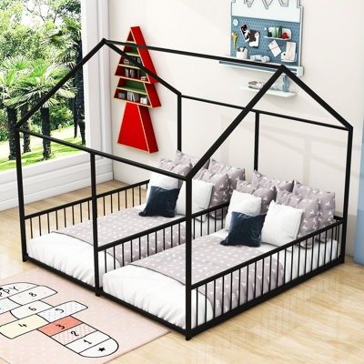 Twin And Twin Metal House Platform Beds With Fence