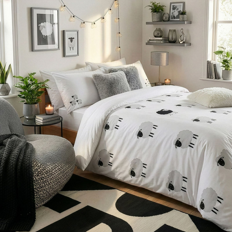 Ensemble de housse de couette, Blanc, Housse de couette double + 2 taies d'oreiller stan