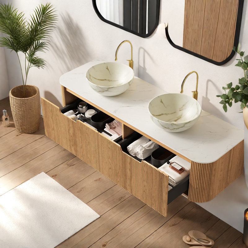 Meuble-lavabo moderne avec rangement, lavabos en céramique et plateau en pierre frittée