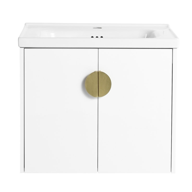 Lavabo de salle de bain mural, 24 po. Pour petites salles de bain, blanc brillant. Style moderne avec armoires à porte à fermeture en douceur. Bassin en céramique, exquis. Poignées en métal. Fabrication en contreplaqué, -. Assemblage