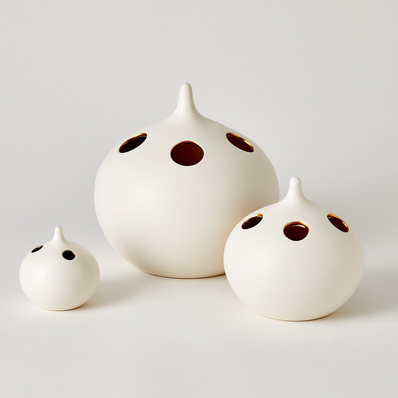 Oh No Handmade Earthenware Table Vase, Matte White/Gold, 6.5" H x 6.5" W x 6.5" D