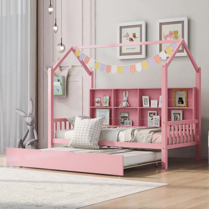 Yajaira Solid Wood Platform Bed House Bed with Trundle,Kids Bed with Shelf, Twin, Pink