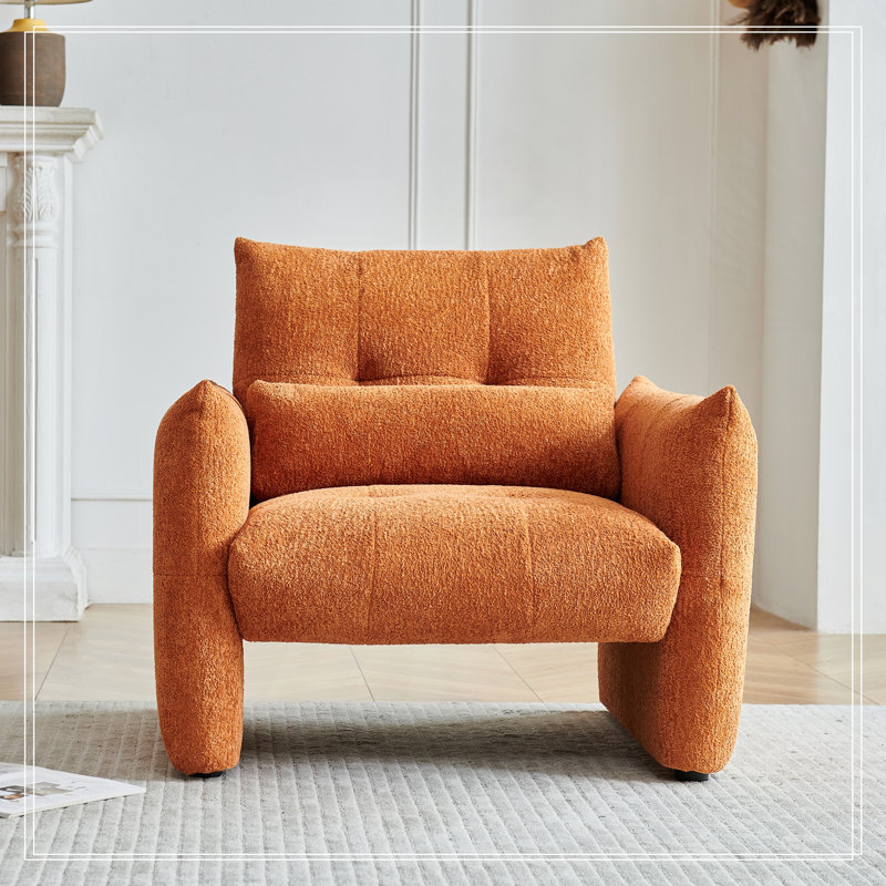 Velvet Upholstered Single Sofa Chair With Lumbar Pillow For Living Room, Bedroom, And Reading Room, Orange