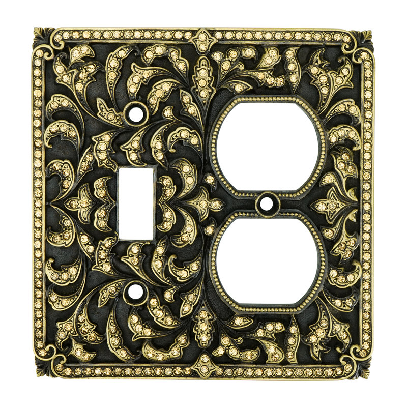 DOUBLE OUTLET/ SINGLE TOGGLE; LT. COLORADO TOPAZ DECORATED WITH SWAROVSKI CRYSTALS; IN BURNISHED BRASS