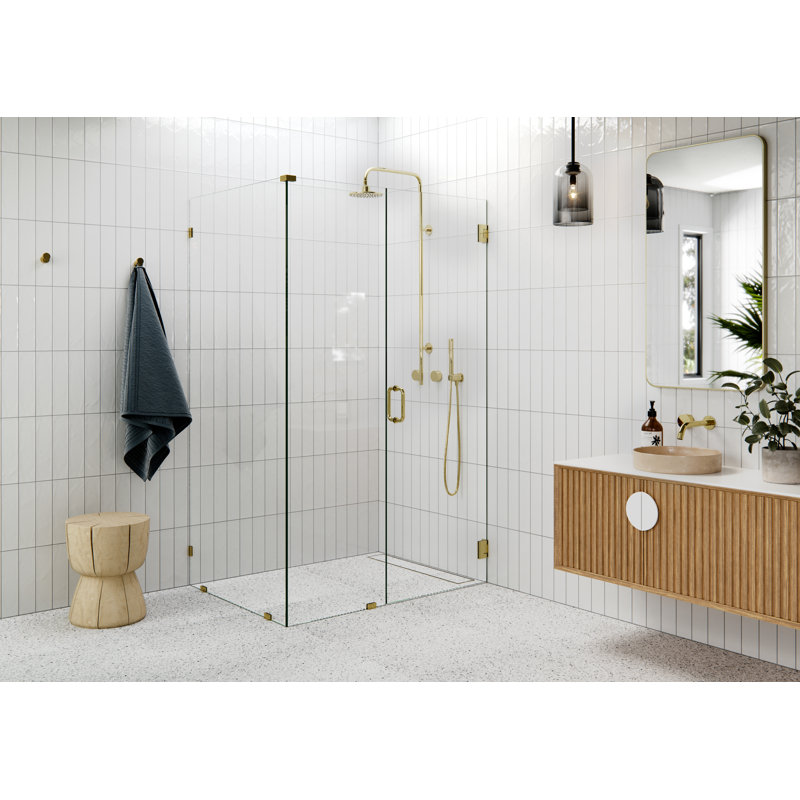 46" W Pivot Frameless Shower Door, Polished Brass