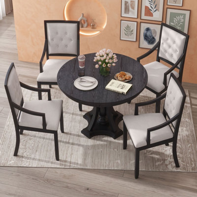 Extendable Round Dining Table Set with 4 Armchairs for Kitchen and Dining Room