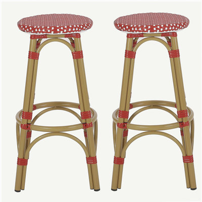Ensemble de 2 tabourets de bar d'extérieur en ratine et aluminium 29,5 po, rouge, imprimé bambou