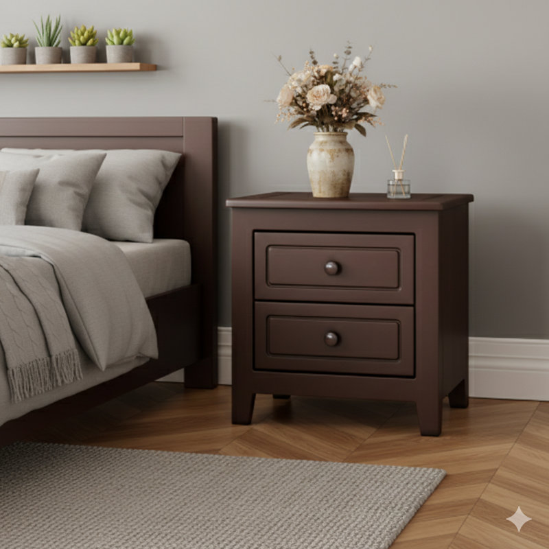 Une table de chevet à deux tiroirs pour la chambre à coucher, avec un design rétro Mid-Century avec un style classique. Finition: Noyer foncé.