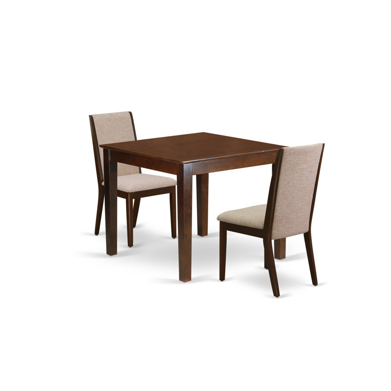 L'ensemble de mobilier de salle à manger 3 pièces comprend une table carrée et 2 chaises rembourrées en tissu brun clair en acajou