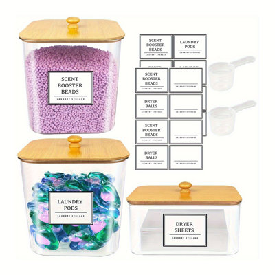 2+1 Pack Laundry Pods Container, Clear Laundry Room Organization Containers, Large LaundryDetergent Powder Storage Containers Black Wooden Lids & Labels, Acrylic Laundry PodsHolder for Scent