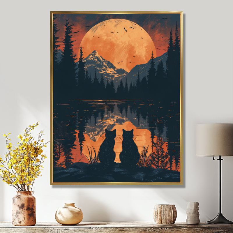 Reproduction d'art murale jaune, noir, été, lune, lac, coucher de soleil I, Cadre flottant doré, H 12 po x l 20 po x P 1 po