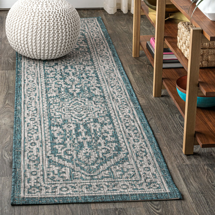 Moten Medallion Textured Weave Teal Blue/Gray Indoor/Outdoor Rug
