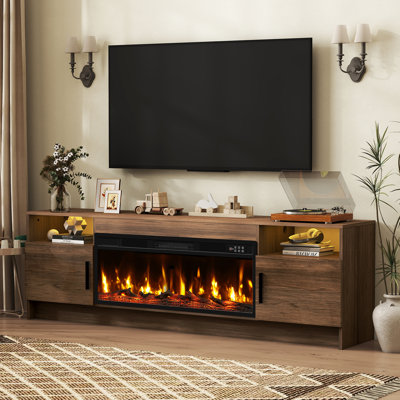 Meuble télé avec foyer 70 po pour meuble télé 80 po avec foyer 36 po et table télé avec rangement, porte ultrabrillante, console télé moderne pour le salon, gris chêne cristallin
