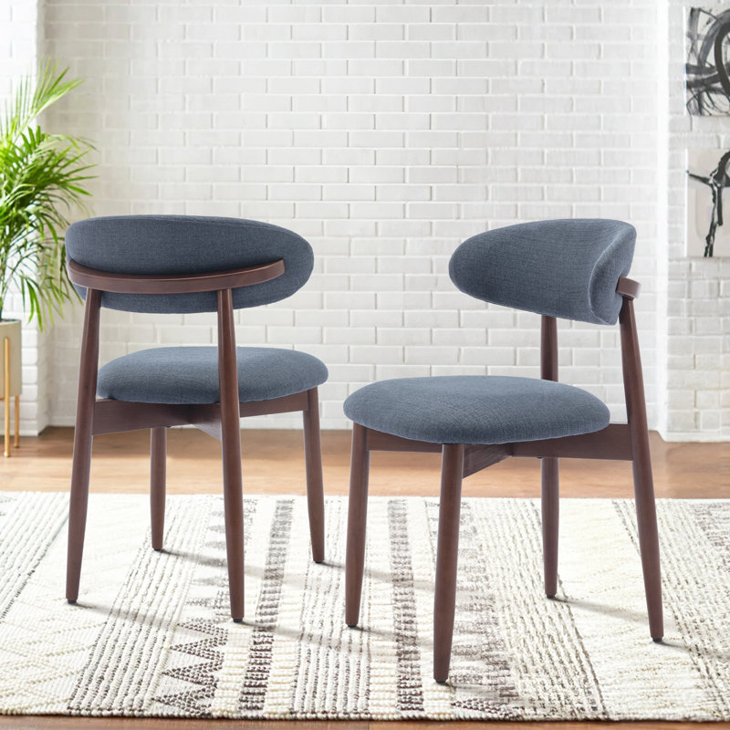  Solid Wood Upholstered Dining Chair - Ergonomic Curved Back, Comfort Fabric, Blue Fabric, Walnut