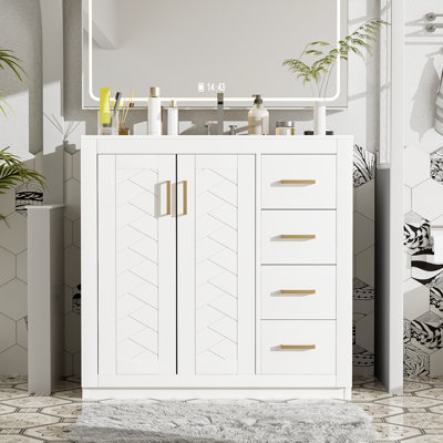  Bathroom Vanity With Ceramic Sink Combo, Frame Bathroom Storage Cabinet, Freestanding Vanity Set With Drawers& Soft Closing Doors