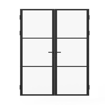 Modern Black Metal Grid Double Exterior French Door, Full Clear Glass Patio Entry Door for Home
