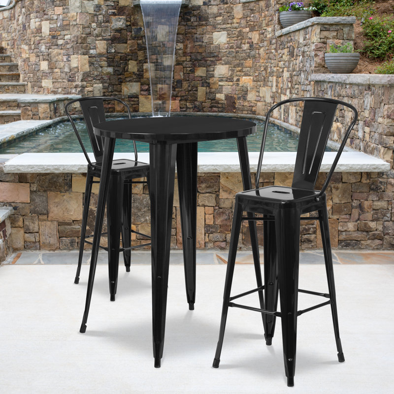 Genece Round Metal Indoor-Outdoor Bar Table Set with 2 Stools, Black, 41" H x 30" W x 30" L