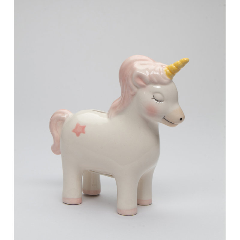 Small Unicorn Money Bank - 5 1/4"H, Pink/White