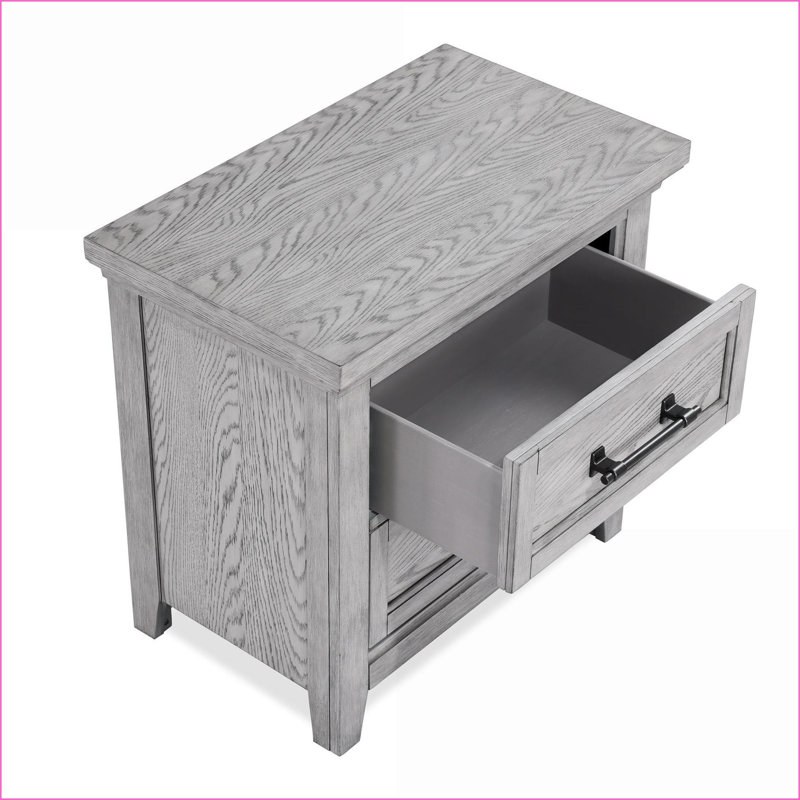 Table de chevet transitionnelle gris clair à 2 tiroirs avec poignées en métal