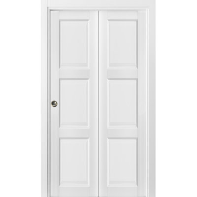Sliding Closet Bi-Fold Doors  Lucia 2661 White Silk | Sturdy Tracks Moldings Trims Hardware Set | Wood Solid Bedroom Wardrobe Doors