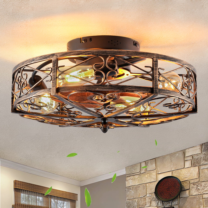 20-Inch Caged Ceiling Fan With Light, Small Farmhouse Low Profile Flush Mount, Vintage Industrial Cage Design, Reversible Motor 6 Speeds, Remote Control, E26 Bulb Base (Bulbs Not Included), For Bedroom Living Room Kitchen