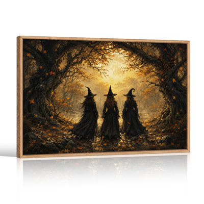 «Three Witches in Golden Autumn Forest Under Full Halloween», art mural