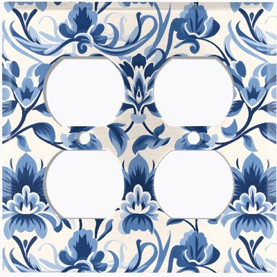 Elegant Damask Blue Flower White 2 - Gang Duplex Outlet Standard Wall Plate