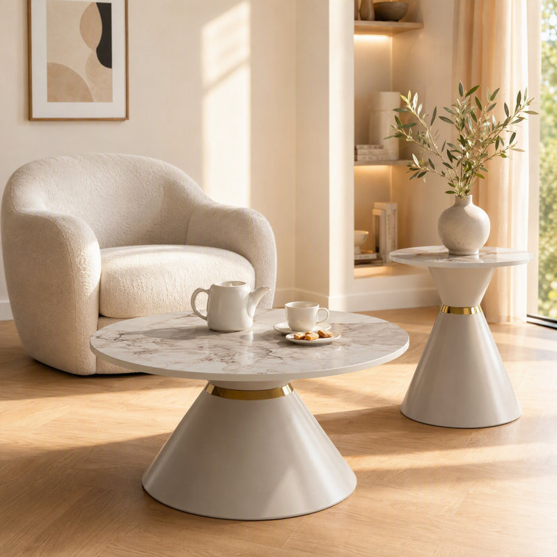 Ensemble de 2 tables basses rondes avec plateau en pierre frittée et base piédestal, Kaki