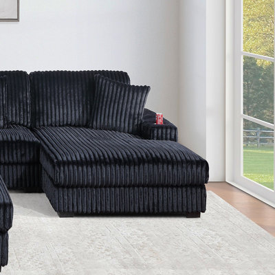 Black Corduroy Contemporary Style 1Pc RAF Chaise W Cup Holder Only Modular Piece Texture Upholstered Living Room Furniture