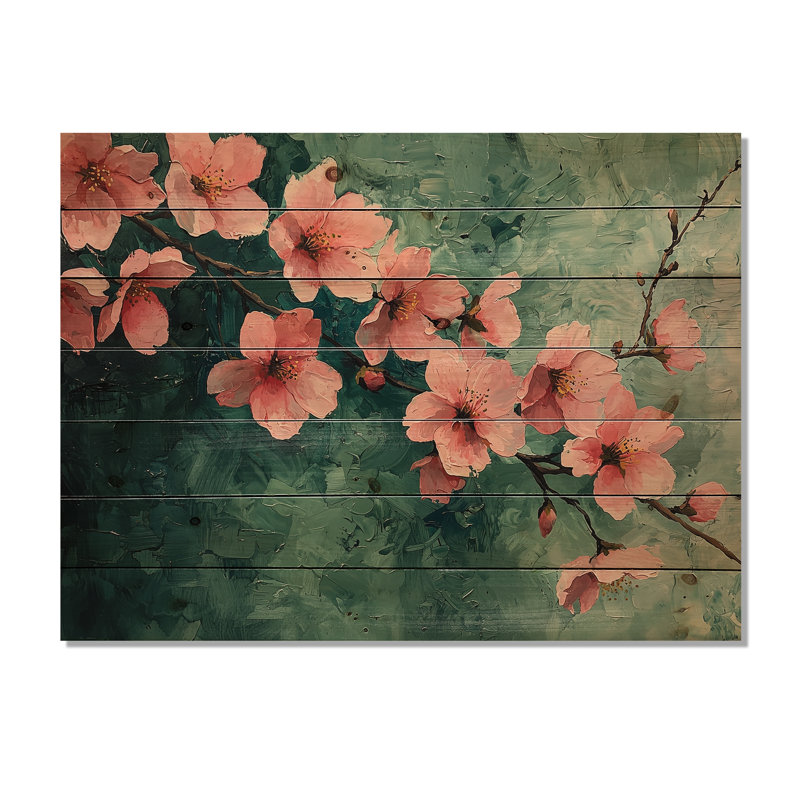Fleurs de cerisier au réalisme vert printanier - impression sur bois de cerisier en fleurs - sur bois de pin naturel