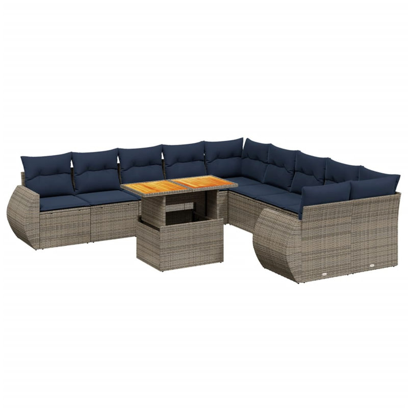  Ensemble de canapé de patio 11 pièces avec coussins en rotin de polyester, Bleu, Gris