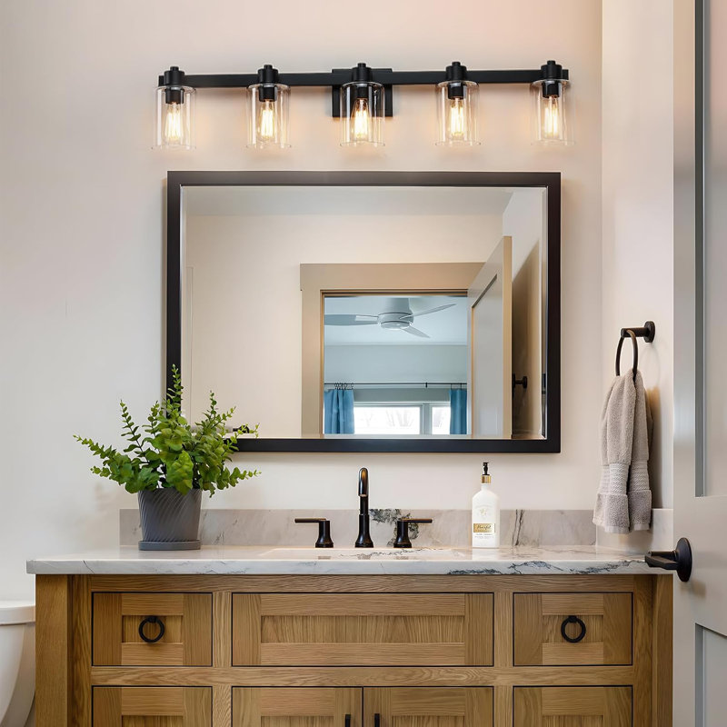40.5 Inch Farmhouse Vanity Light Fixture - 5 Light Black Wall Sconce With Clear Glass Shades For Bathroom Mirror, Living Room, Hallway And Dressing Room