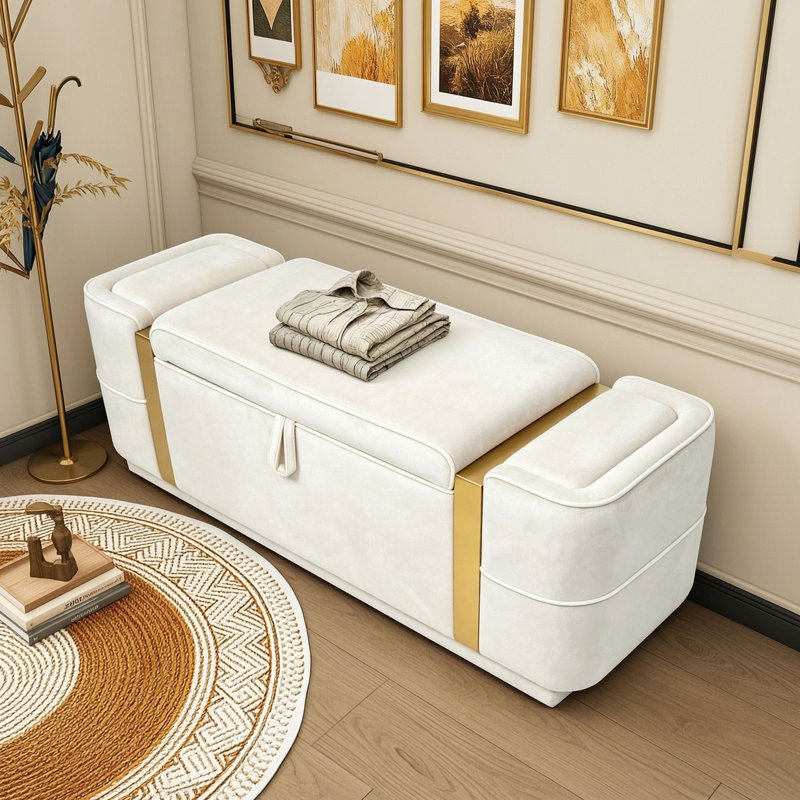 Banc ottoman de rangement rembourré avec compartiment caché avec couvercle relevable et accents métalliques dorés, Beige