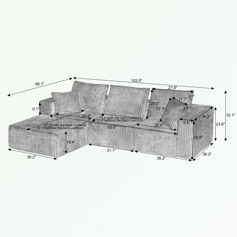 Canapé modulaire en L en velours côtelé avec assise profonde et méridienne gauche, Orienté à gauche (vu de face)