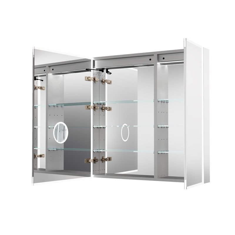 Armoire à pharmacie encastrée ou sans cadre à DEL 36 po x H 36 po avec miroir, désembueur, gradateur, prises et ports USB, deux portes ouvertes