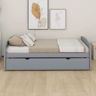 Twin Size Platform Pine Wood Bed Frame With Twin Size Trundle