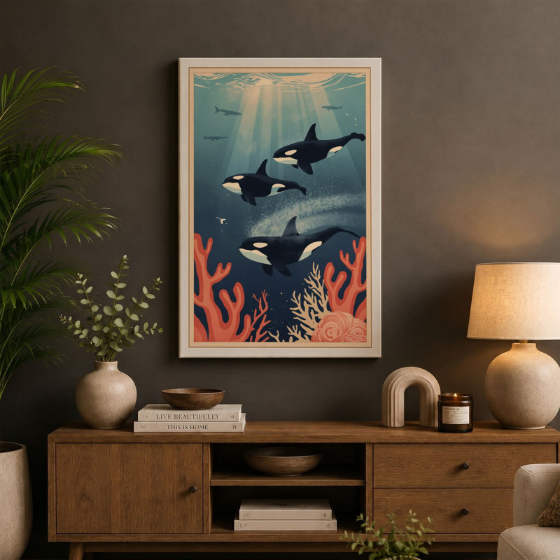 Whales in Blue Depths Coastal - Wrapped Canvas, 36x24 - 91.4 x 61.0 cm, Sage Border