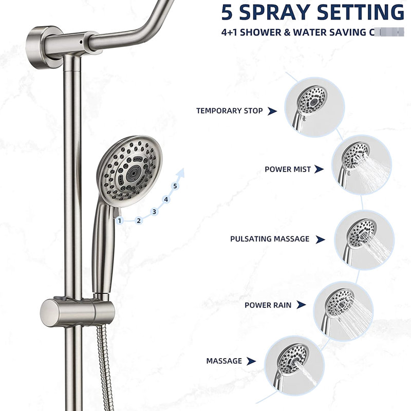 Système de douche en nickel brossé, robinet à main et finition à 5 modes, 5 soupapes de dérivation