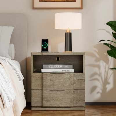 Sculptural Curved Drawer Two-drawer Nightstand with Open Shelf Built-in Outlets USB Type-C Charging Station