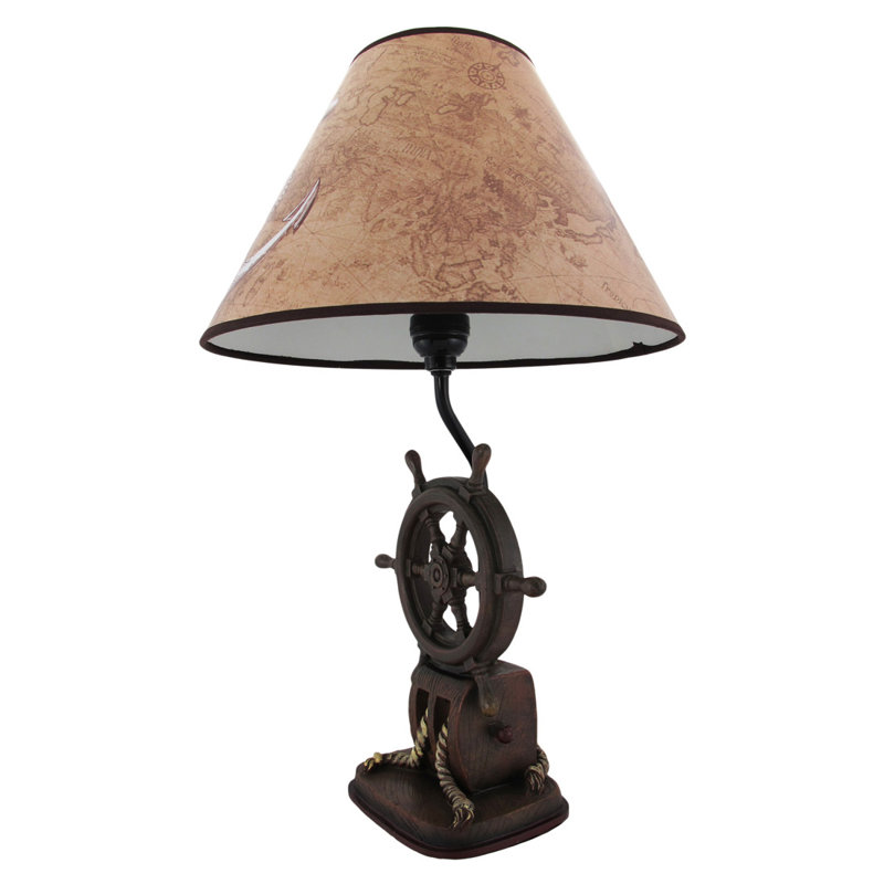 Chenery nautical Captain's Destiny ship's wheel resin table lamp with brown anchor and world map fabric shade — 19 inches high