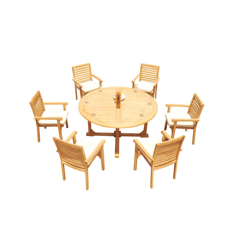 Cimah 5 - Person Teak Patio Dining Set with Round Table, 105" x 60" x 31.5", 6