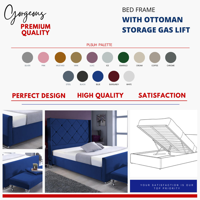 Upholstered Ottoman Storage Bed, Blue, Single (3')