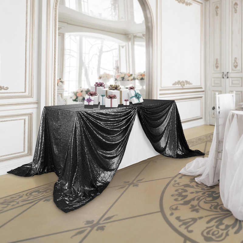  Solid Color Sequin Wedding Tablecloth, 156" x 90", Black