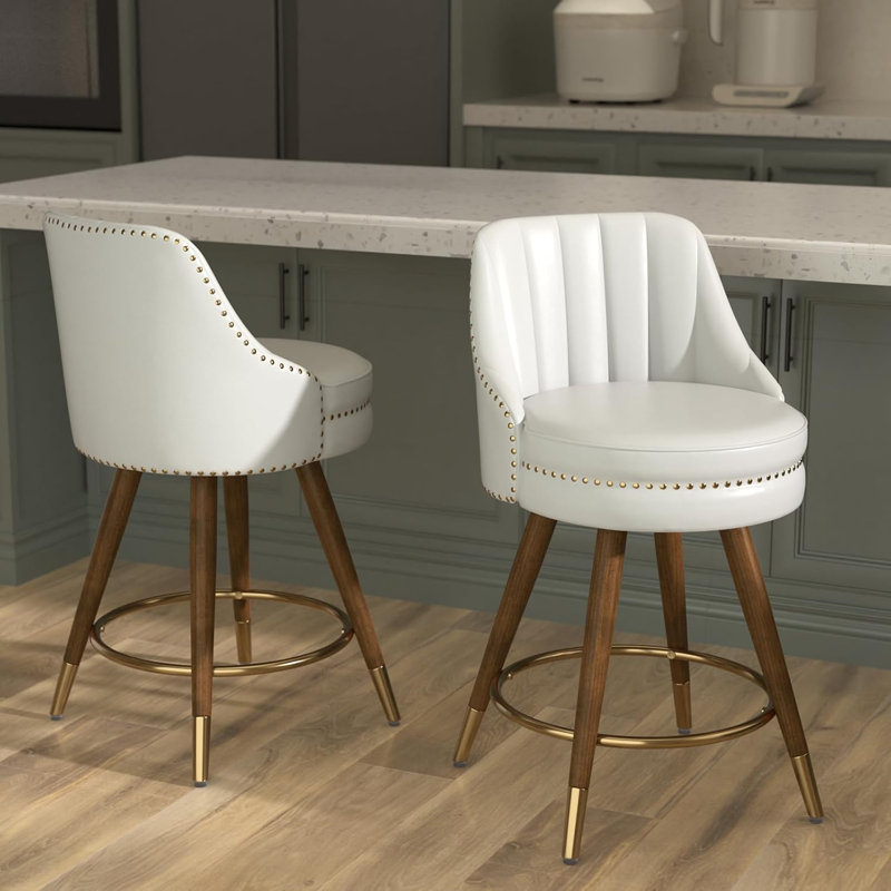 Markelian Counter Height Bar Stools with Backs, 24" Swivel Bar Stools with Wood Legs for Kitchen, White/Gold, 2