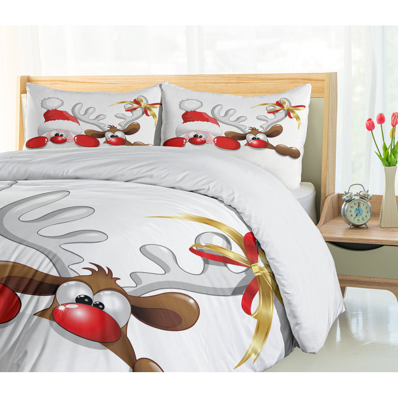 Queen Size Vermilion Caramel White Santa Claus Reindeer Duvet Set