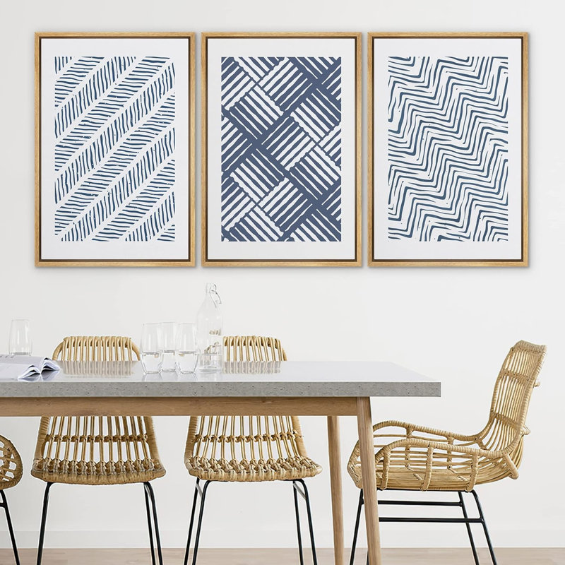 "Motif géométrique bleu 3D, vagues, collage, formes abstraites, art moderne et neutre", 3 pièces, Naturel