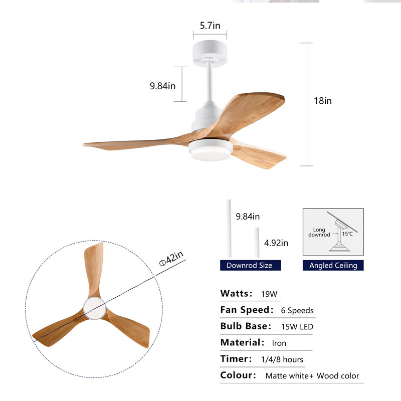 42" 3- Blade Ceiling Fan With Remote Control And Led Light, White, Oak Wood