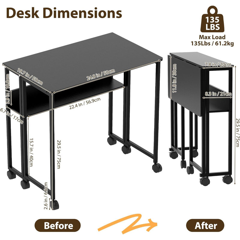 Petite table d'ordinateur pliante sur roulettes 24,8 "avec tablette de rangement pour bureau à domicile et petits espaces